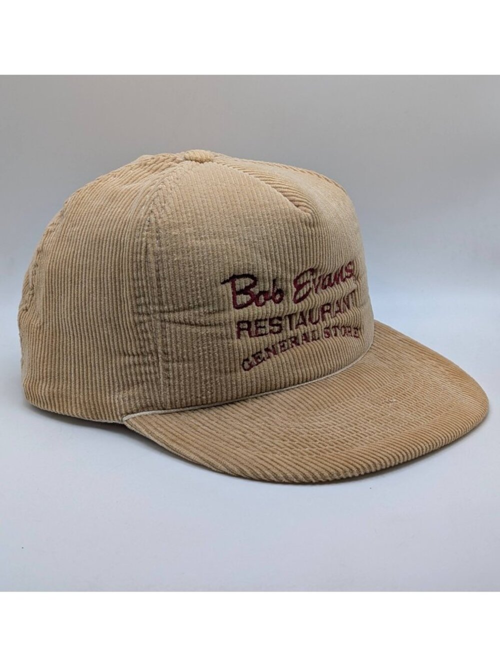Bob Evans General Store Corduroy Vintage Hat Cap Snapback Tan Beige Retro 80s